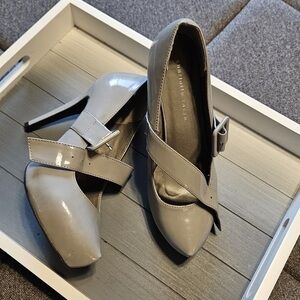 Charlotte Russe Gray Patent Pointed-Toe Mary Jane Heels with Buckle Strap